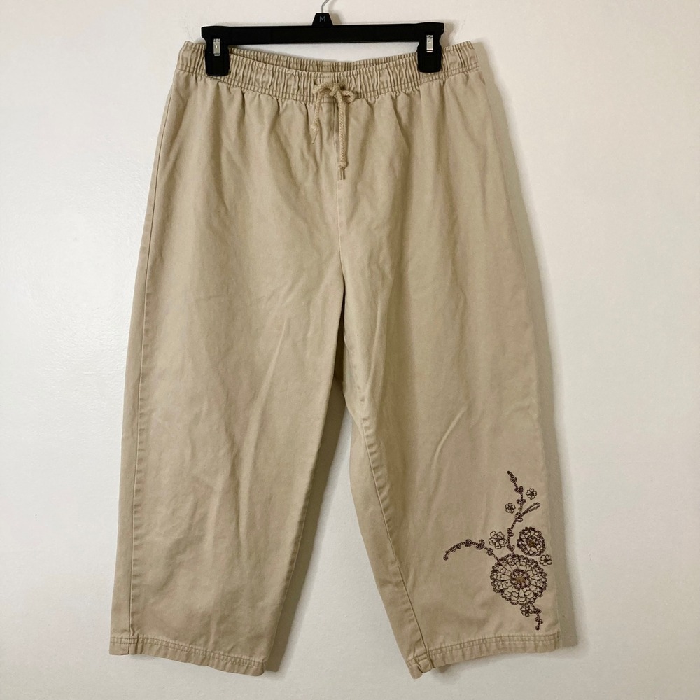 Khaki Floral Embroidered Beaded Crop Pants Basic Editions M 100% Cotton Wide Leg